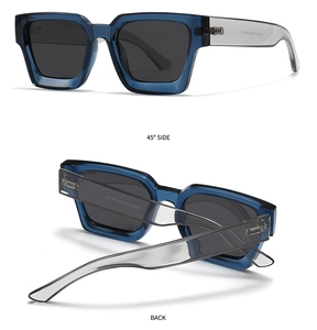 Detail view of retro square polarized sunglasses with dark blue frame and clear temples