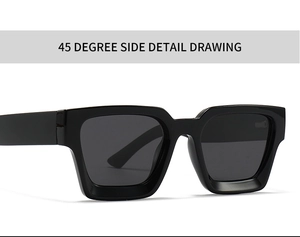 45-degree side view showing hinge and thick frame detail of square polarized sunglasses