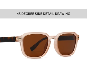 Detailed 45-degree side view of matte beige sunglasses with stylish tortoiseshell temples