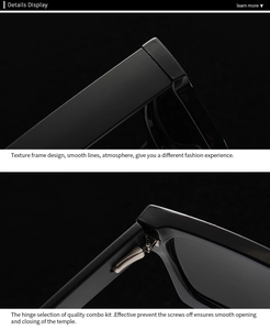 Detail of square sunglasses showing high-quality metal hinges and matte texture frame