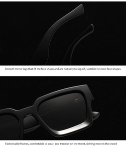 Macro detail of glossy black square sunglasses frame showing temple specs and hinge quality