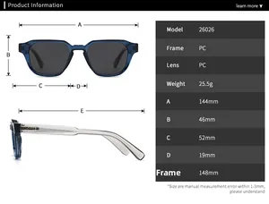 Detailed size specifications for polarized polygon sunglasses including lens width and height