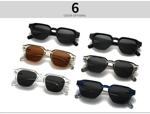 Detailed flat lay of six color options for geometric frame polarized sunglasses