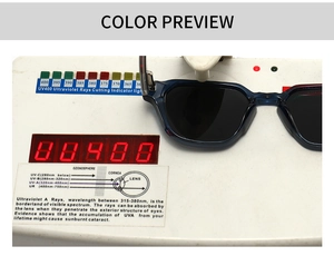 Polarized sunglasses with UV400 protection being tested under a UV light scanner
