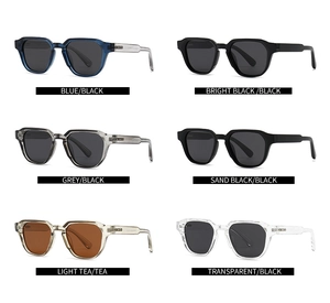 Close-up of retro rectangular polarized sunglasses in six colors with metal hinge details