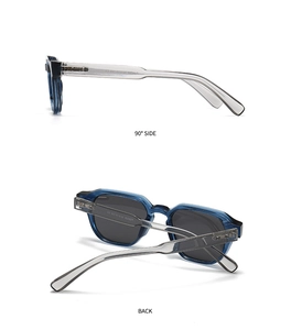 Detail view of transparent blue polarized sunglasses showing the 90-degree side and back