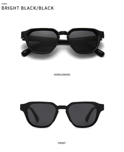 Detailed top and front view of stylish black geometric polarized sunglasses frames