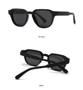 Detailed 45-degree and back view of black thick polygon polarized sunglasses