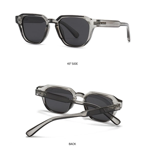 Detail view of transparent grey sunglasses showing 45-degree side and back angles
