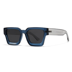 Modern square polarized sunglasses with translucent blue frame and dark grey lenses