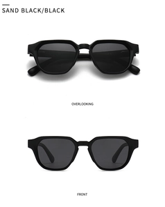 Detailed views of sand black polarized sunglasses with dark lenses from front and top angles