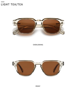 Front and top view of light tea vintage polarized sunglasses with transparent frames