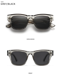 Vues de face et de dessus de lunettes de soleil grises avec verres noirs polarisés