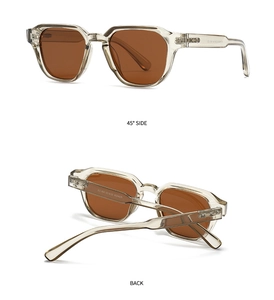 Detailed views of polygon polarized sunglasses with transparent grey frames and brown lenses
