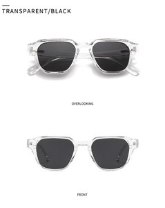 Close-up of modern geometric polarized sunglasses with transparent frames and black lenses
