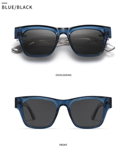 Vues de face et de dessus de lunettes de soleil polygonales bleues à verres polarisés