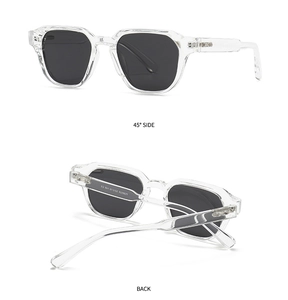 Detailed side and back views of clear polygonal polarized sunglasses with black lenses