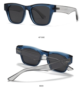 Vue détaillée de lunettes de soleil polarisées avec monture bleue et branches grises