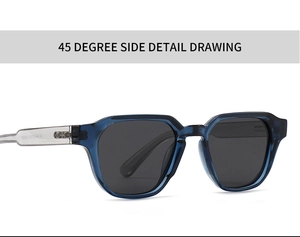Detail view of translucent blue acetate frame sunglasses with grey lenses and model P26026