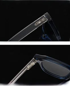 Detail of blue translucent eyewear frame featuring reinforced metal hinges and temple design