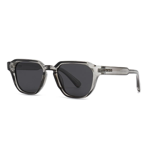 Polarized polygon sunglasses with transparent grey frames and dark grey lenses for unisex wear