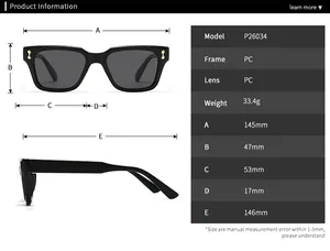 Size chart showing frame dimensions and specifications for polygon sunglasses Model P26034