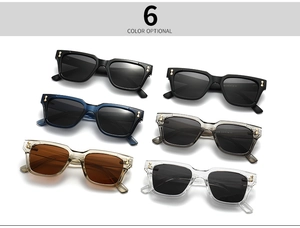 Detailed grid showing six color options of stylish polygonal frame sunglasses with metal rivets