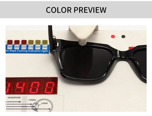 Macro detail showing UV protection test on black chunky polygon sunglasses lenses