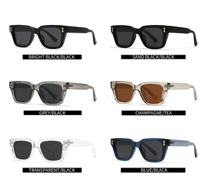 Detailed grid of oversized square sunglasses in various colors with gold rivet accents