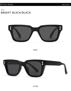 Front and side view of bright black polygon sunglasses with gold metal rivets on frame