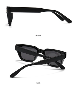 Side and back view of retro black rectangle sunglasses with thick frames and dark lenses