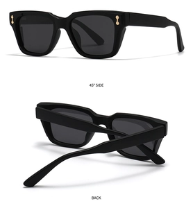 Detailed views of chunky black polygonal sunglasses with gold rivets and 45-degree angle
