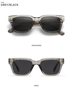 Front and top view of transparent dark grey rectangle sunglasses with gold details