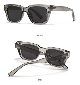 Close-up of translucent grey acetate polygon sunglasses with gold metal dot accents