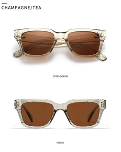 Detailed front and top view of polygon sunglasses in champagne frames with tea lenses
