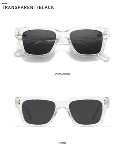 Detail view of transparent sunglasses with gold metal studs and black polarized lenses