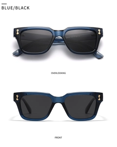 Close-up of polarized sunglasses with gradient blue frames and gold rivet details