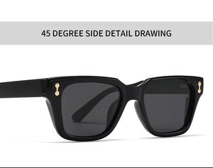 Detailed 45-degree side view of black thick frame sunglasses with gold metal rivets