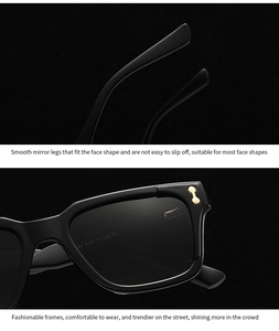 Detail of black polygon sunglasses featuring gold temple accents and size specifications