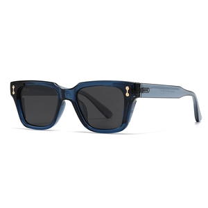 Modern square sunglasses with translucent dark blue frames and dark grey polarized lenses