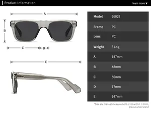 Detailed size chart for square polarized sunglasses model 26029 with precise dimensions