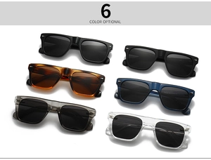 Detailed display of six color options for square polarized sunglasses with arrow rivets