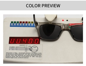Polarized sunglasses showing UV400 protection test with grey square frame lenses