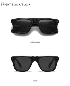 Front and top view of classic bright black square frame polarized sunglasses with silver rivets