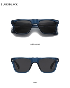 Front and top view of blue square polarized sunglasses with printed arm details