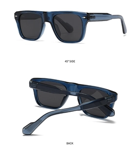 Detailed views showing the 45-degree side and back of blue square polarized sunglasses