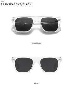 Close-up of square polarized sunglasses with transparent frames and black lenses