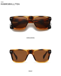 Detailed front and top views of retro tortoiseshell square sunglasses with tea lenses