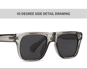 Detail view of square polarized sunglasses with metal rivets and transparent gray frames