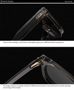 Detail view of transparent grey sunglasses frame with gold metal hinges and dimensions
